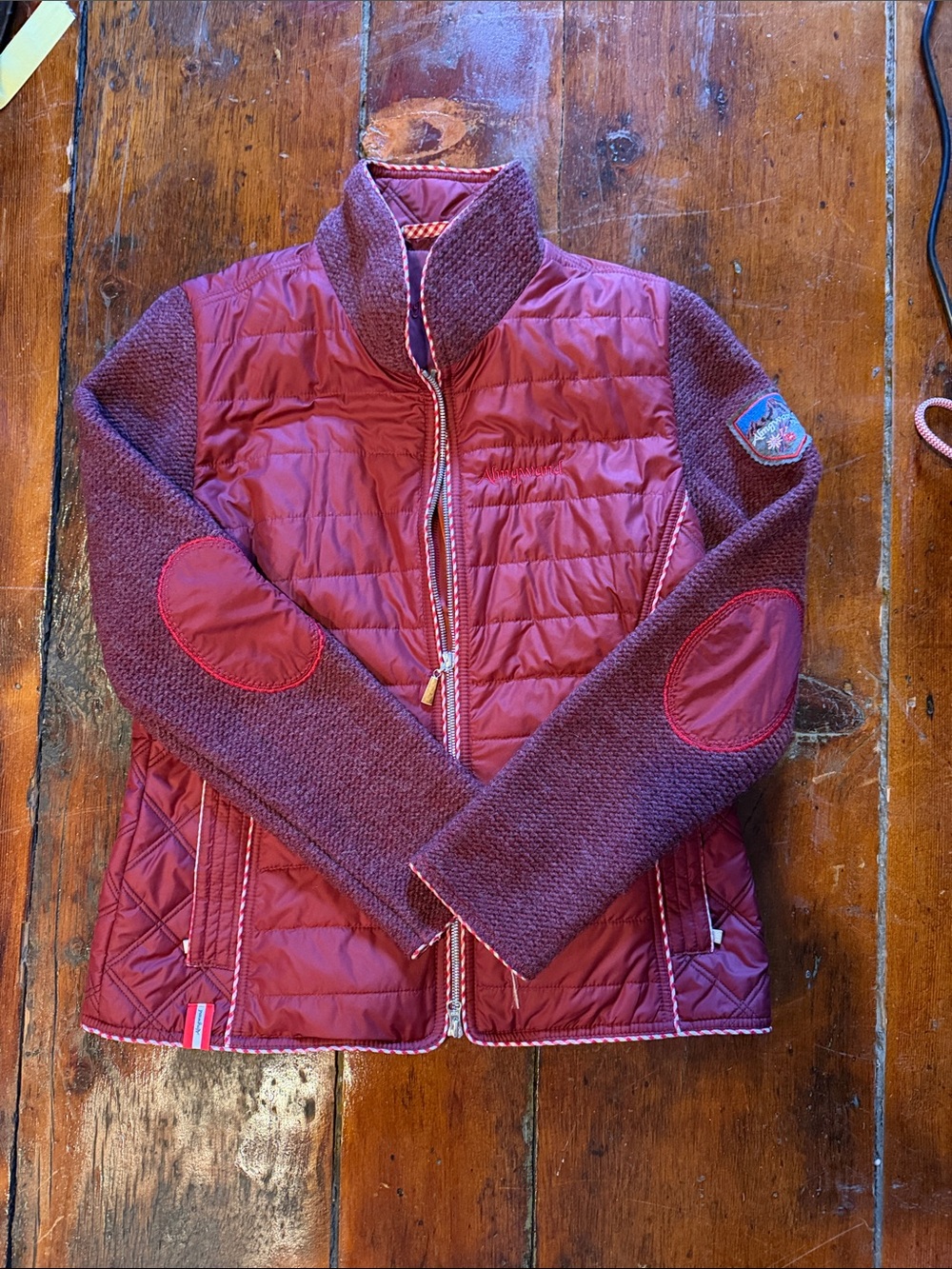 Quilted Puffer Jacket with Knit Sleeves with red/white check piping- Burgundy